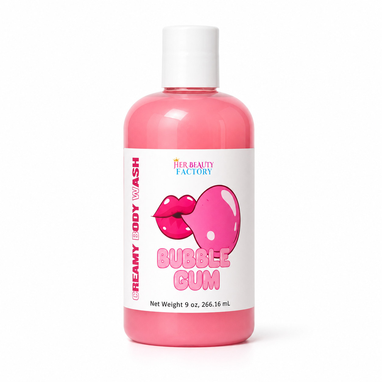 A bottle of pink bubble gum body wash by Her Beauty Factory, featuring a white cap and a white label with pink bubble gum graphics and text.