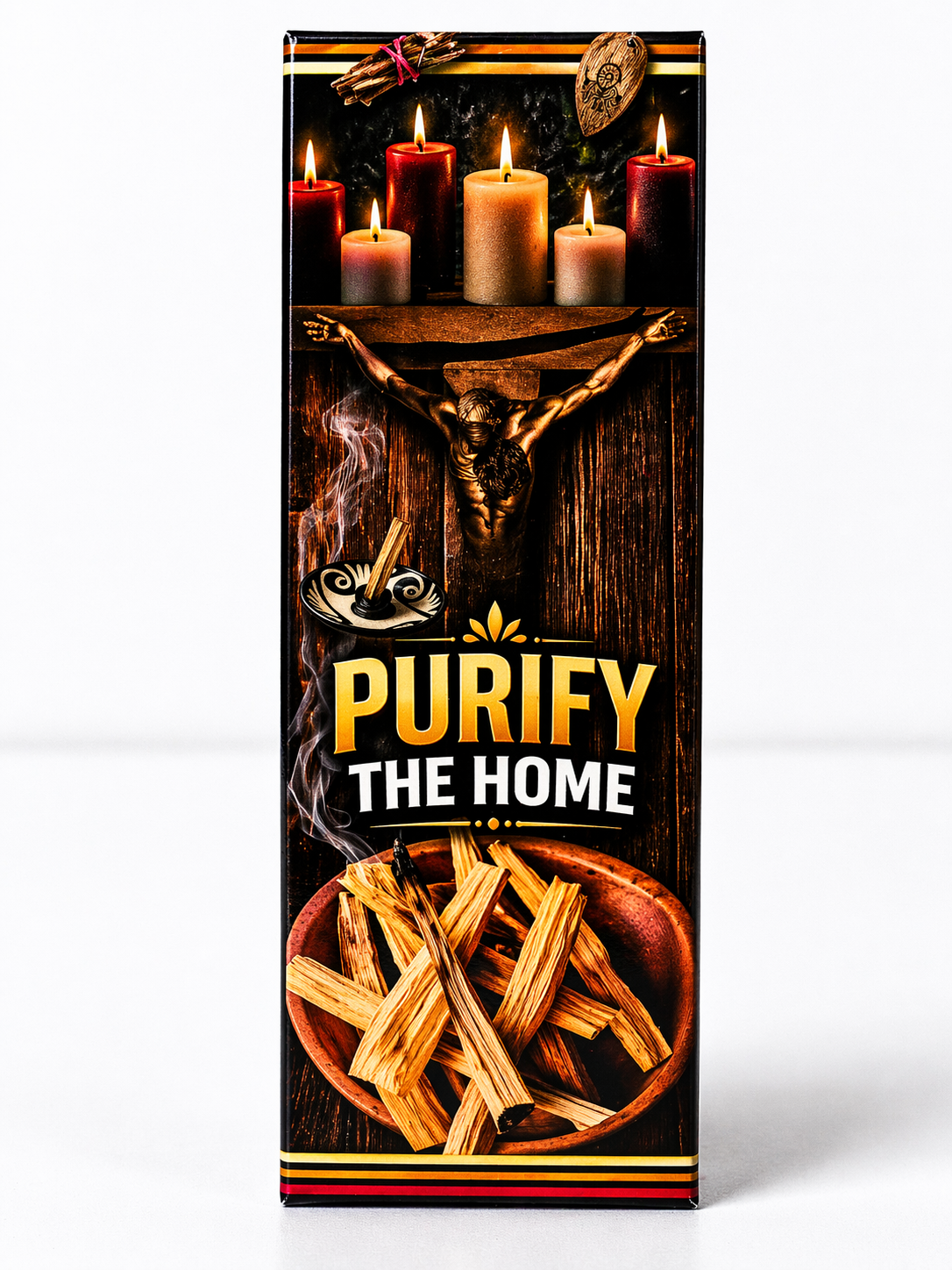 Product packaging for 'Purify the Home' with candles, crosses, and wooden sticks on a white background.