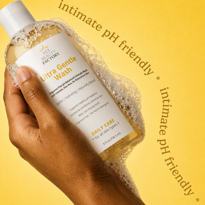 Hand holding a bottle of 'Ultra Gentle Wash' with text on a yellow background