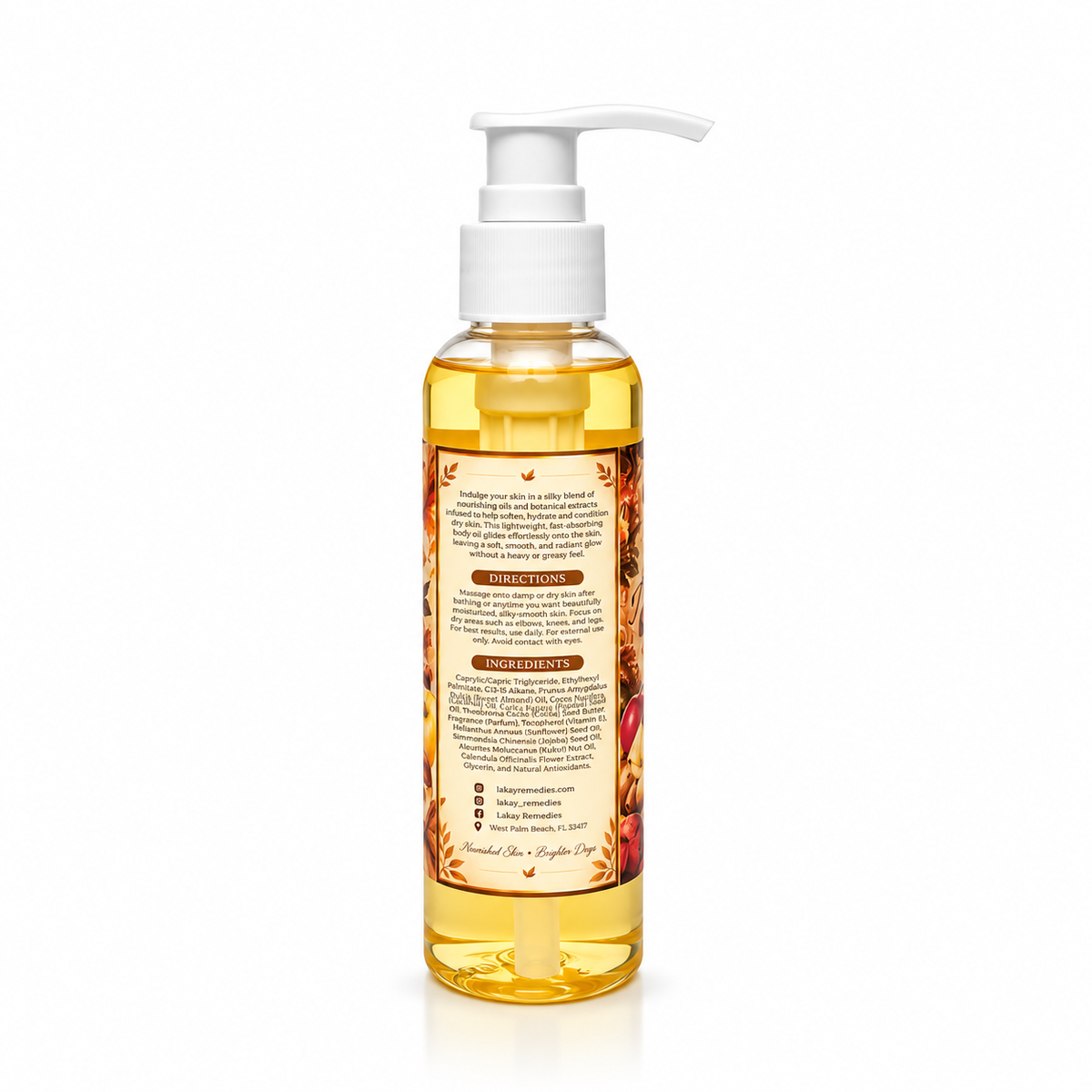A bottle of body oil with a white pump dispenser, showing the back label and golden-yellow liquid inside, set against a plain white background.