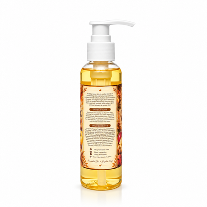 A bottle of body oil with a white pump dispenser, showing the back label and golden-yellow liquid inside, set against a plain white background.