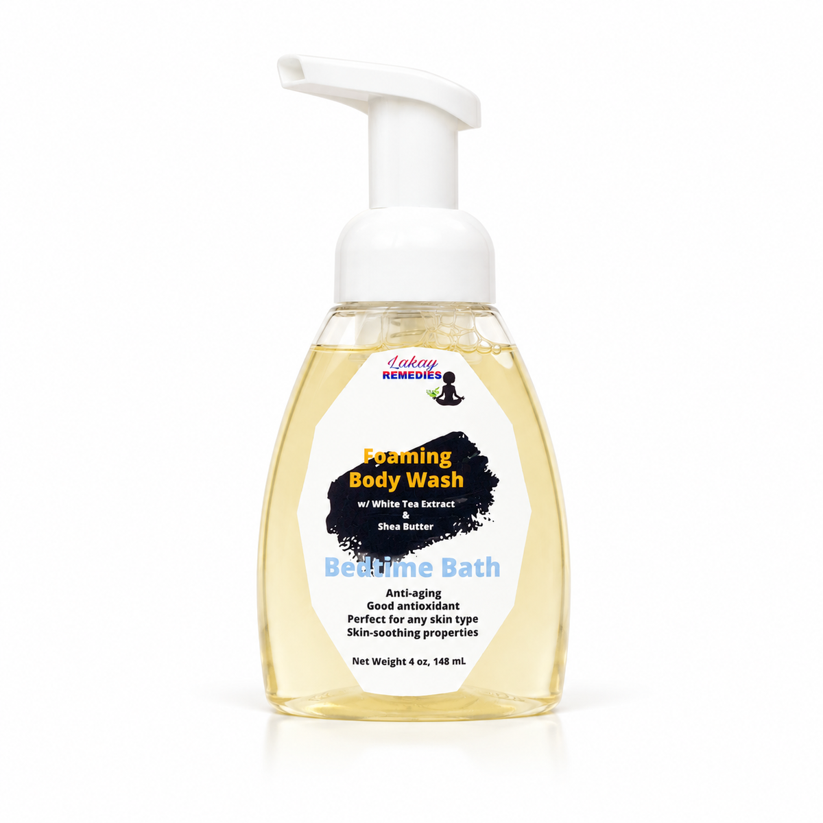 A bottle of Lakay Remedies Bedtime Bath foaming body wash with a white pump dispenser and a clear bottle showing the pale yellow liquid inside, set against a plain white background.