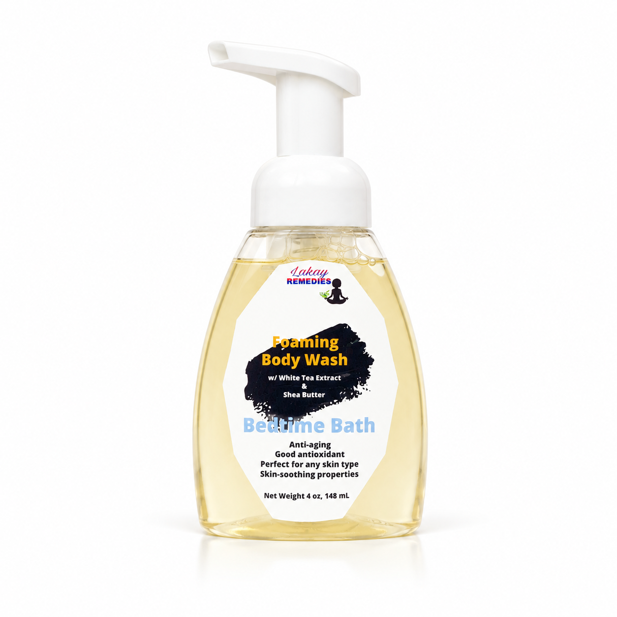 A bottle of Lakay Remedies Bedtime Bath foaming body wash with a white pump dispenser and a clear bottle showing the pale yellow liquid inside, set against a plain white background.