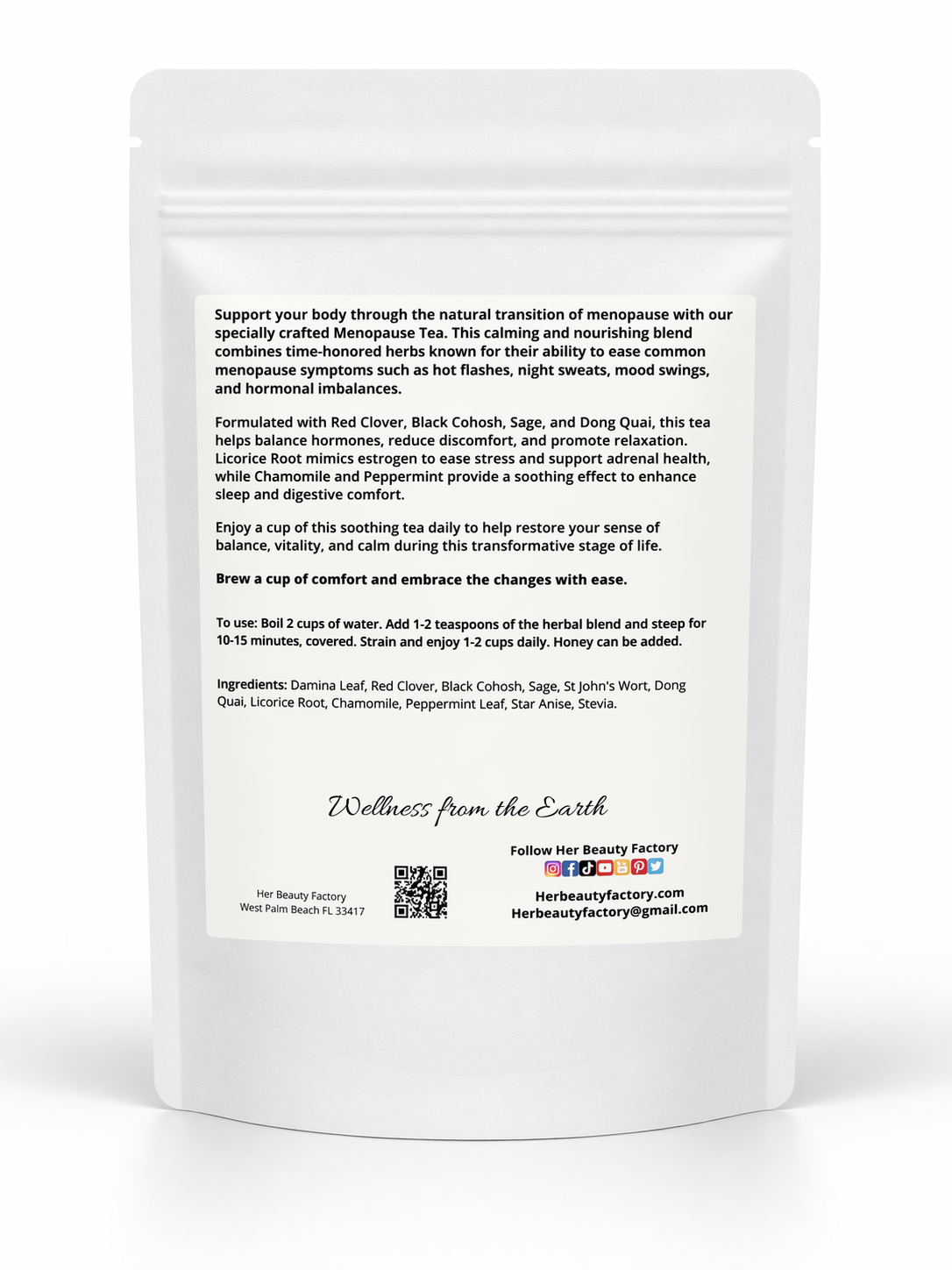 White packaging of Menopause Tea with text and branding on a white background