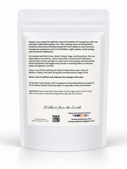 White packaging of Menopause Tea with text and branding on a white background