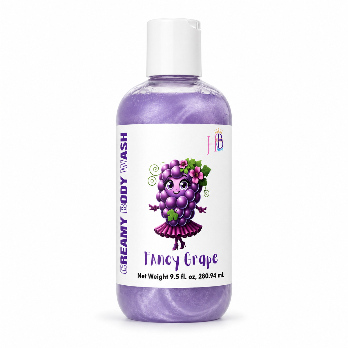 A bottle of Her Beauty Factory Creamy Body Wash in Fancy Grape scent, featuring a purple grape character illustration on a white label, set against a plain white background.