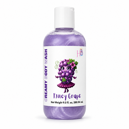 A bottle of Her Beauty Factory Creamy Body Wash in Fancy Grape scent, featuring a purple grape character illustration on a white label, set against a plain white background.