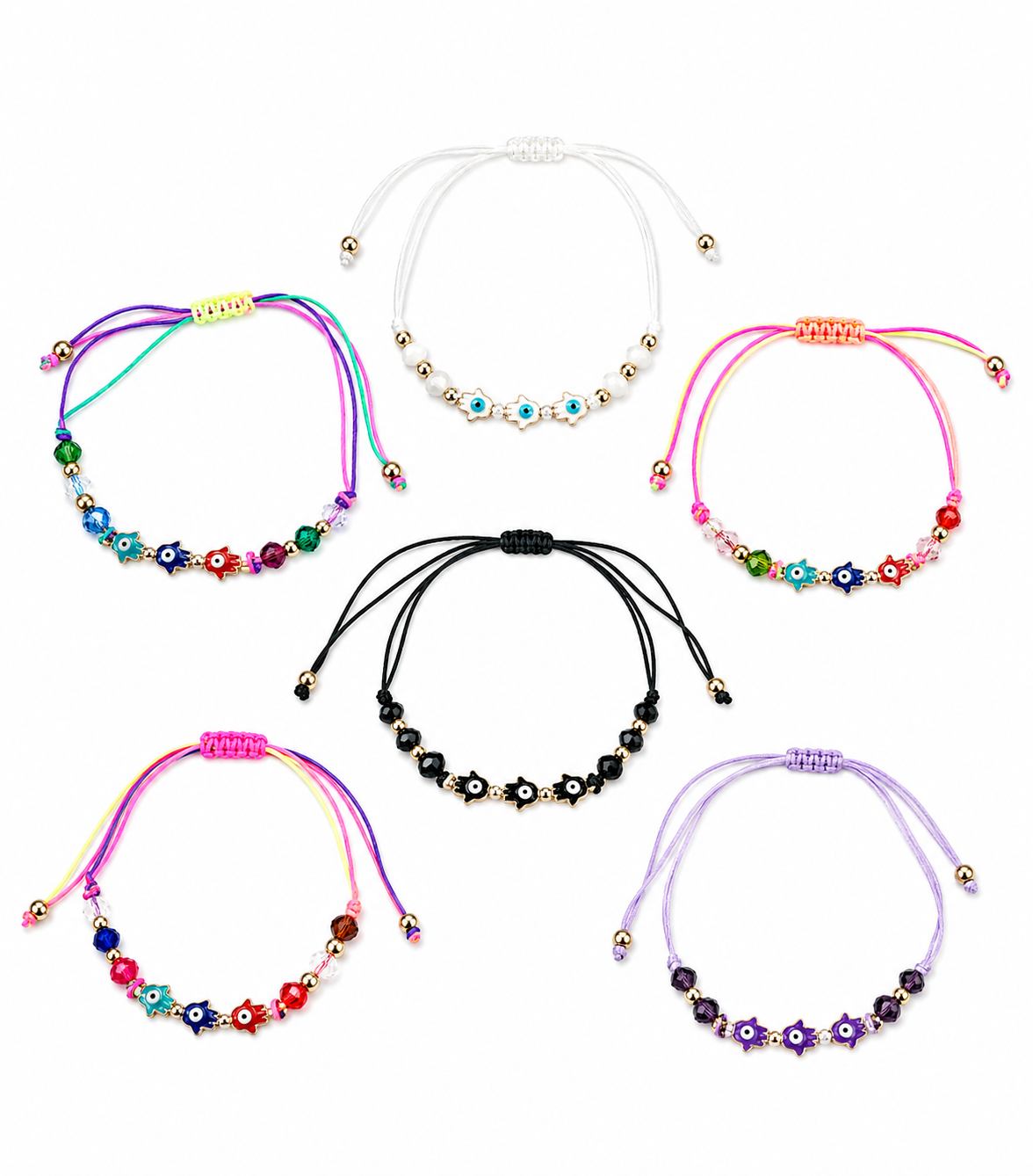 Set of colorful beaded bracelets on a white background