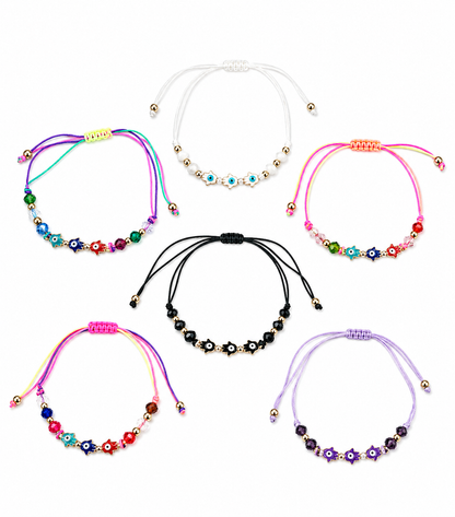 Set of colorful beaded bracelets on a white background