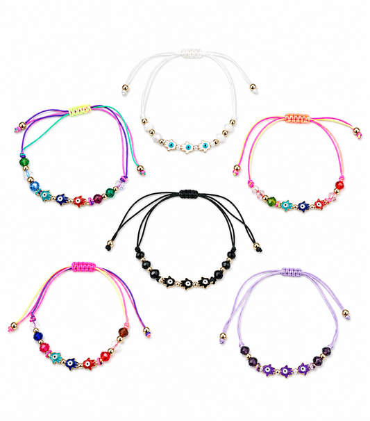 Set of colorful beaded bracelets on a white background