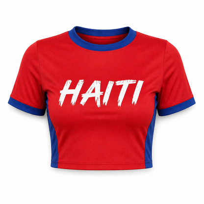 Red t-shirt with blue accents and 'HAITI' printed on it against a white background