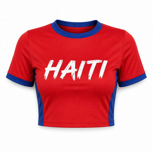 Red t-shirt with blue accents and 'HAITI' printed on it against a white background