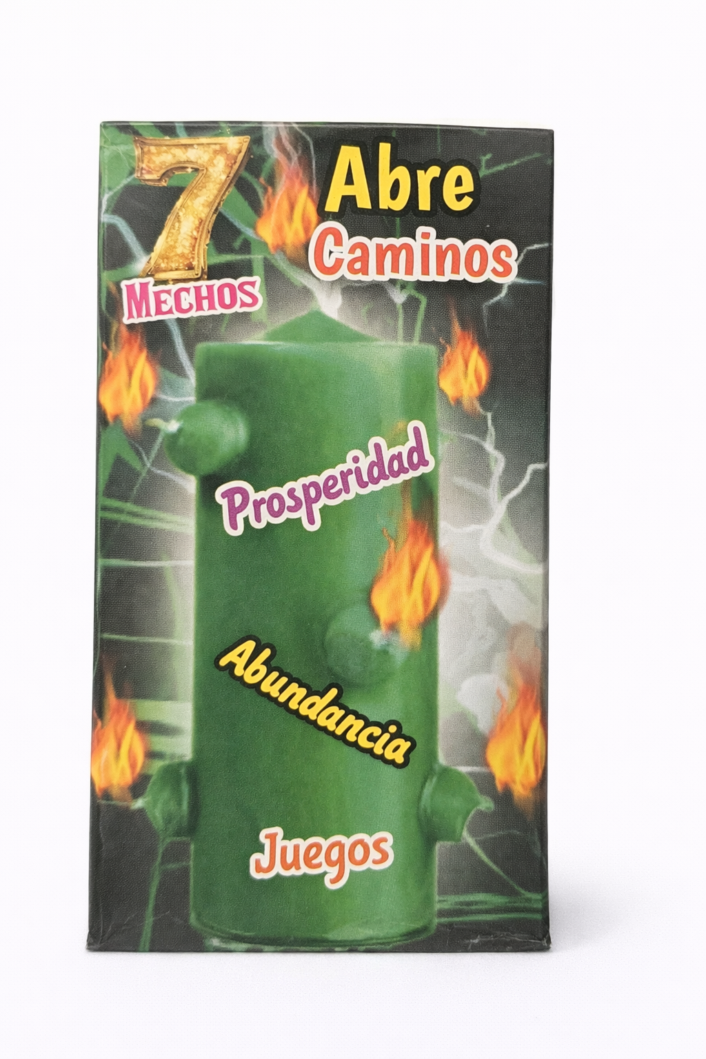 Green container with text and flames on a white background