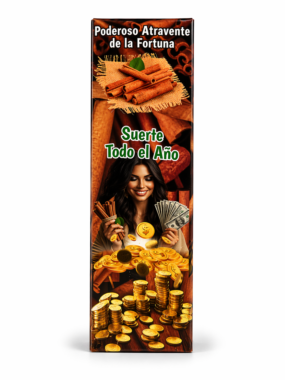 Product packaging with a woman, money, and text on a white background