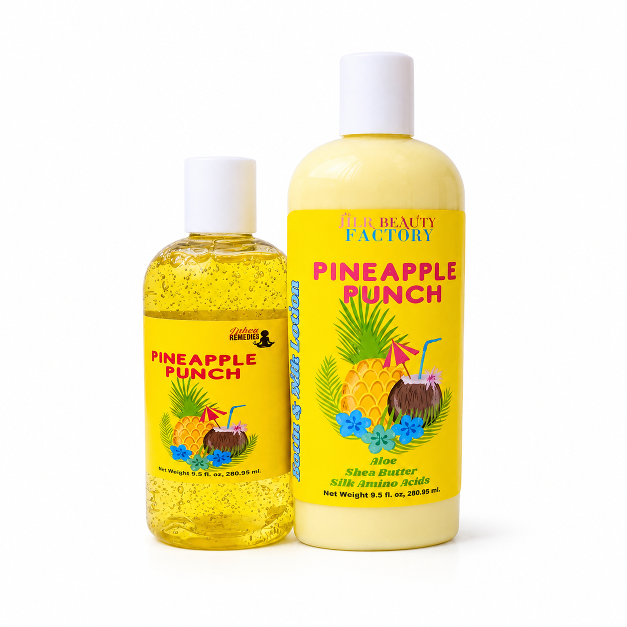 Two bottles of Her Beauty Factory Pineapple Punch Aloe Shea Butter on a white background, one in a clear bottle showing yellow gel and one in a pale yellow bottle.