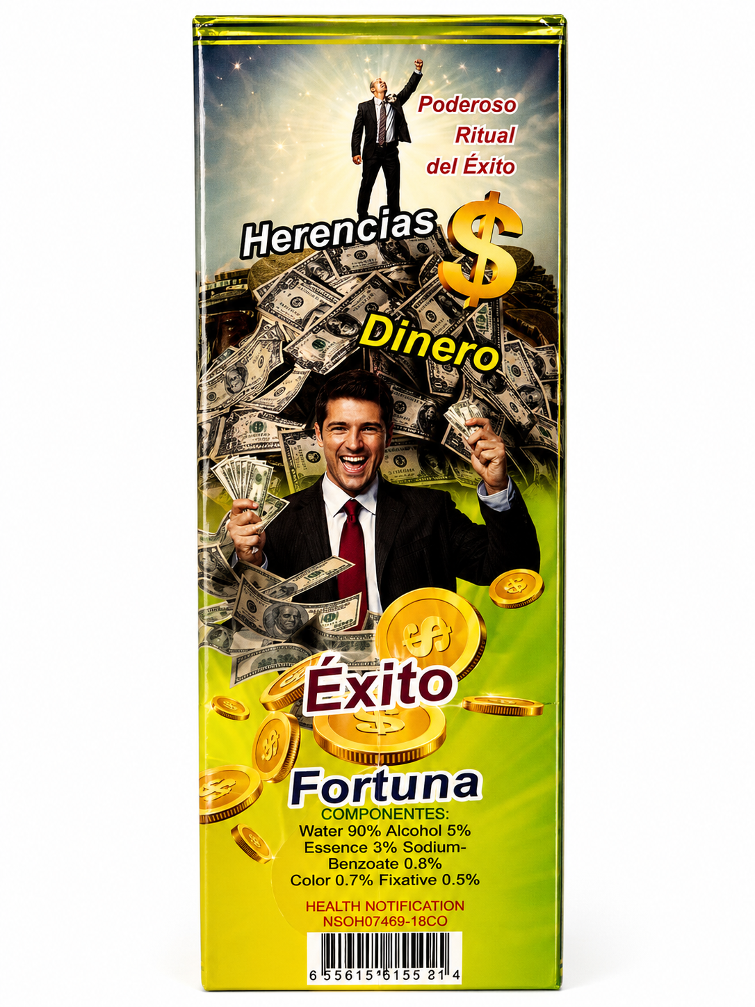 Product packaging with images of a man, money, and text in Spanish on a green background