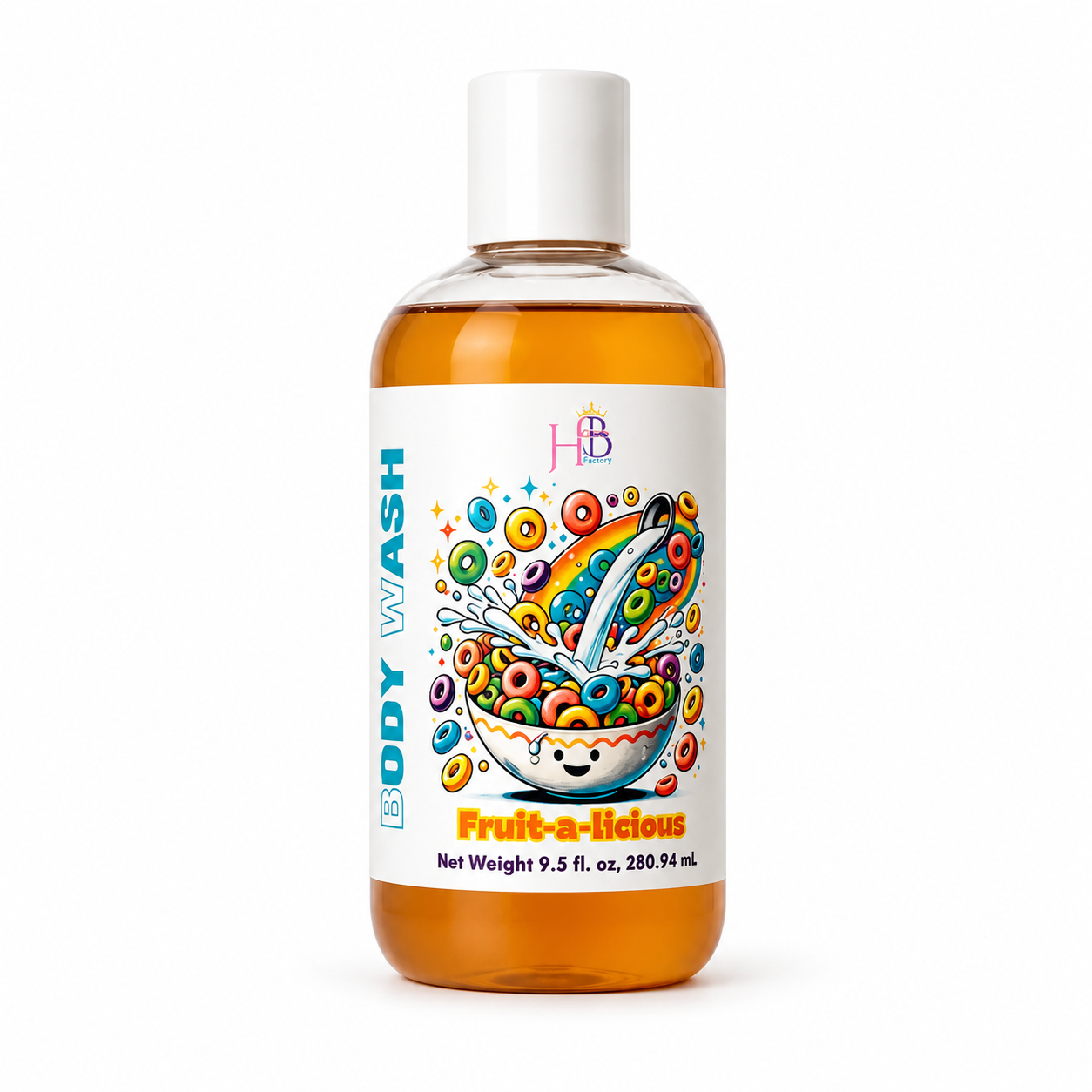 A clear plastic bottle of Fruit-a-Licious body wash with a white cap, filled with amber-colored liquid. The label features a white background with a colorful cartoon illustration of cereal and the text 'BODY WASH' and 'Fruit-a-Licious'.
