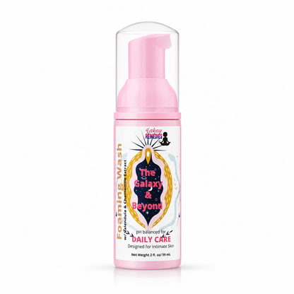 A pink bottle of The galaxy & beyond foaming wash with a clear cap and pump, shown on a white background.