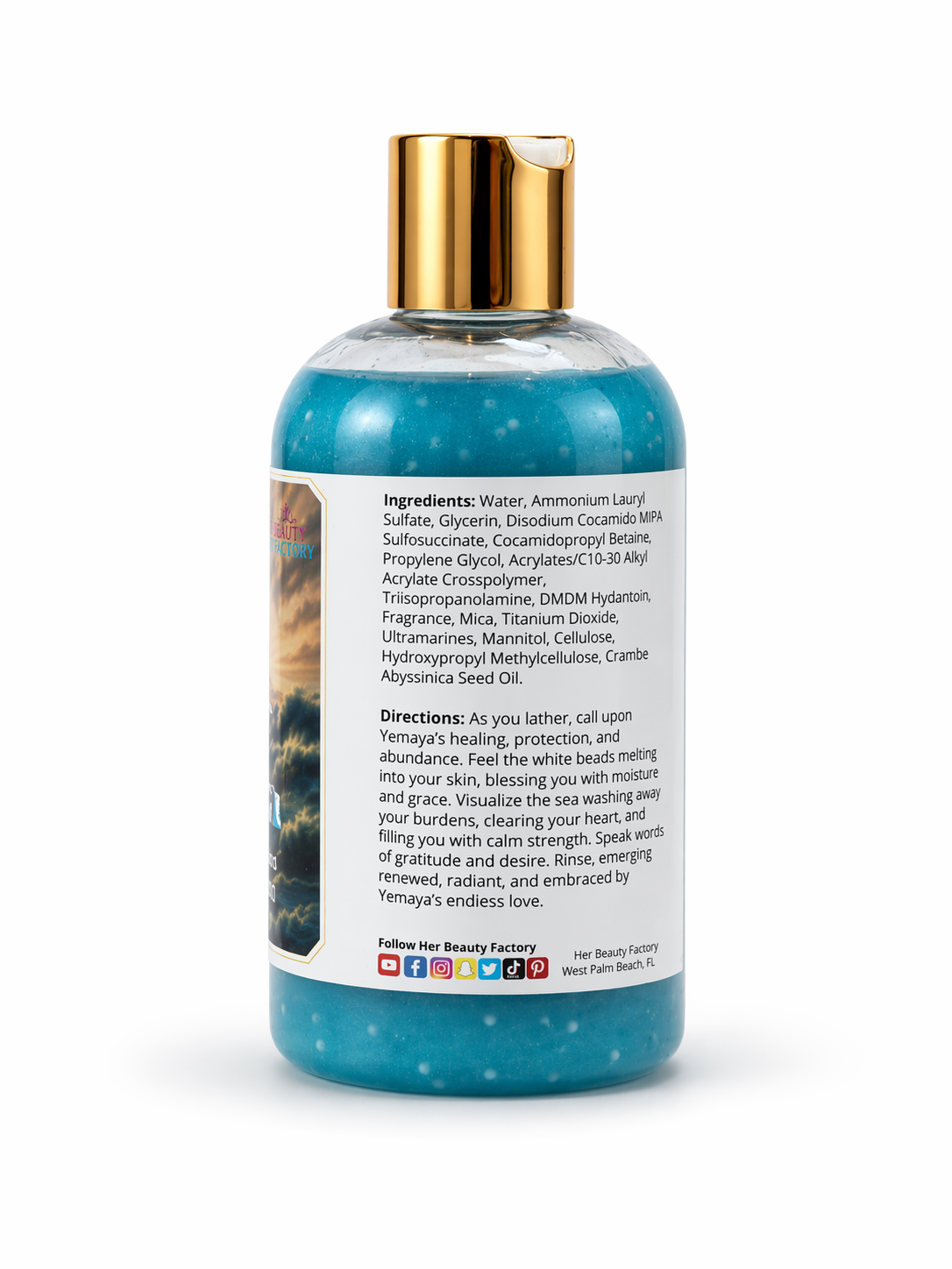 Bottle with blue liquid and gold cap on a white background