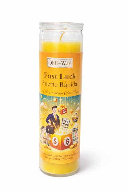 Candle with a label for 'Fast Luck' on a white background