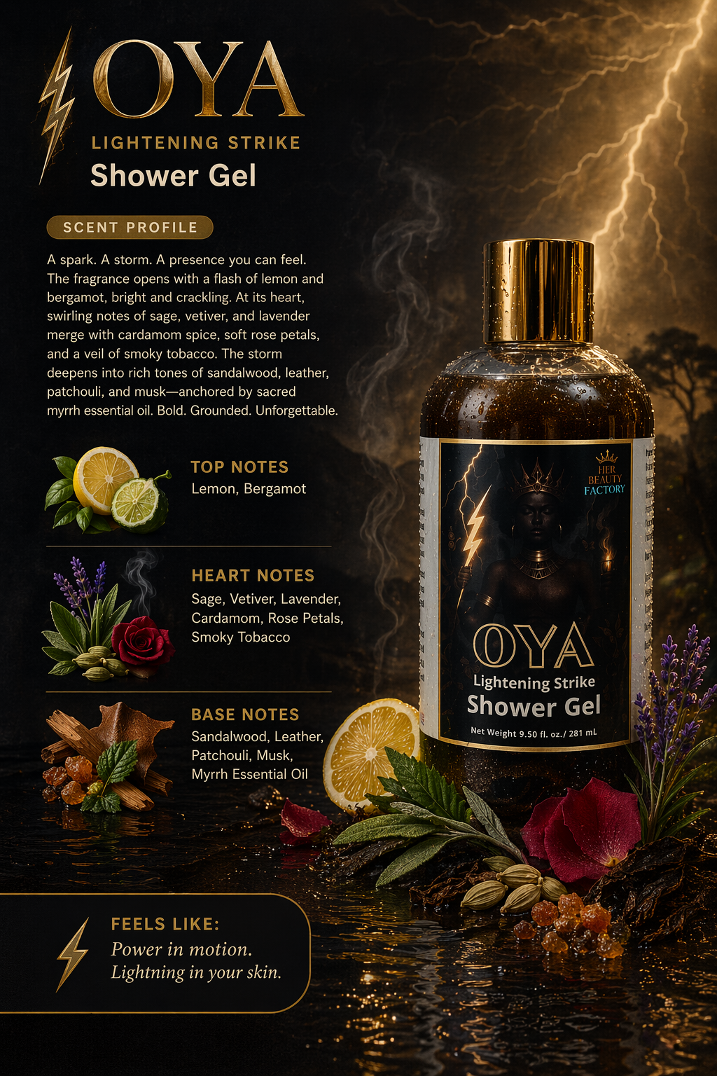 OYA Shower Gel packaging with product details and ingredients on a dark background