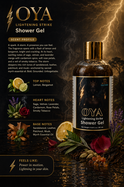 OYA Shower Gel packaging with product details and ingredients on a dark background