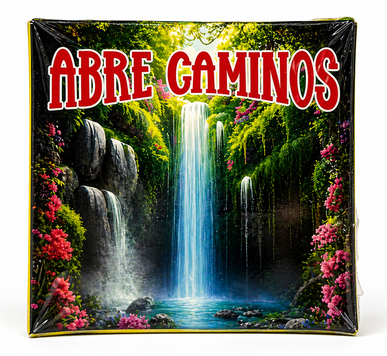 Product packaging with a scenic design of a waterfall and flowers, featuring the text 'ABRE CAMINOS'.