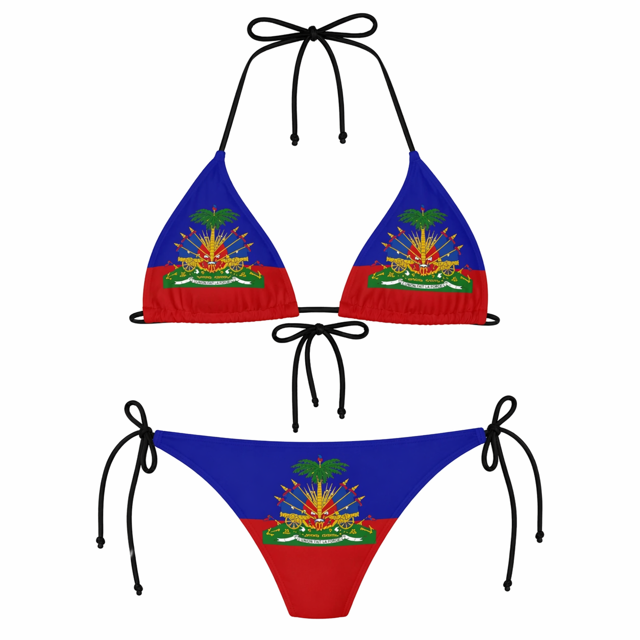 Bikini set with a design resembling the Haitian flag on a white background