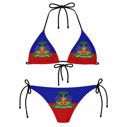 Bikini set with a design resembling the Haitian flag on a white background