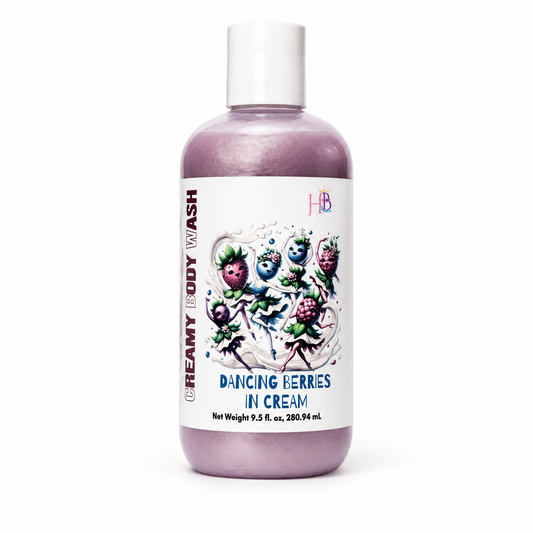 A bottle of Her Beauty Factory Creamy Body Wash in the 'Dancing Berries in Cream' scent, featuring a white cap and a white label with colorful illustrations of dancing berries, set against a plain white background.