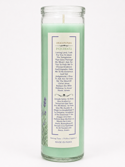 Green candle with a white label on a white background