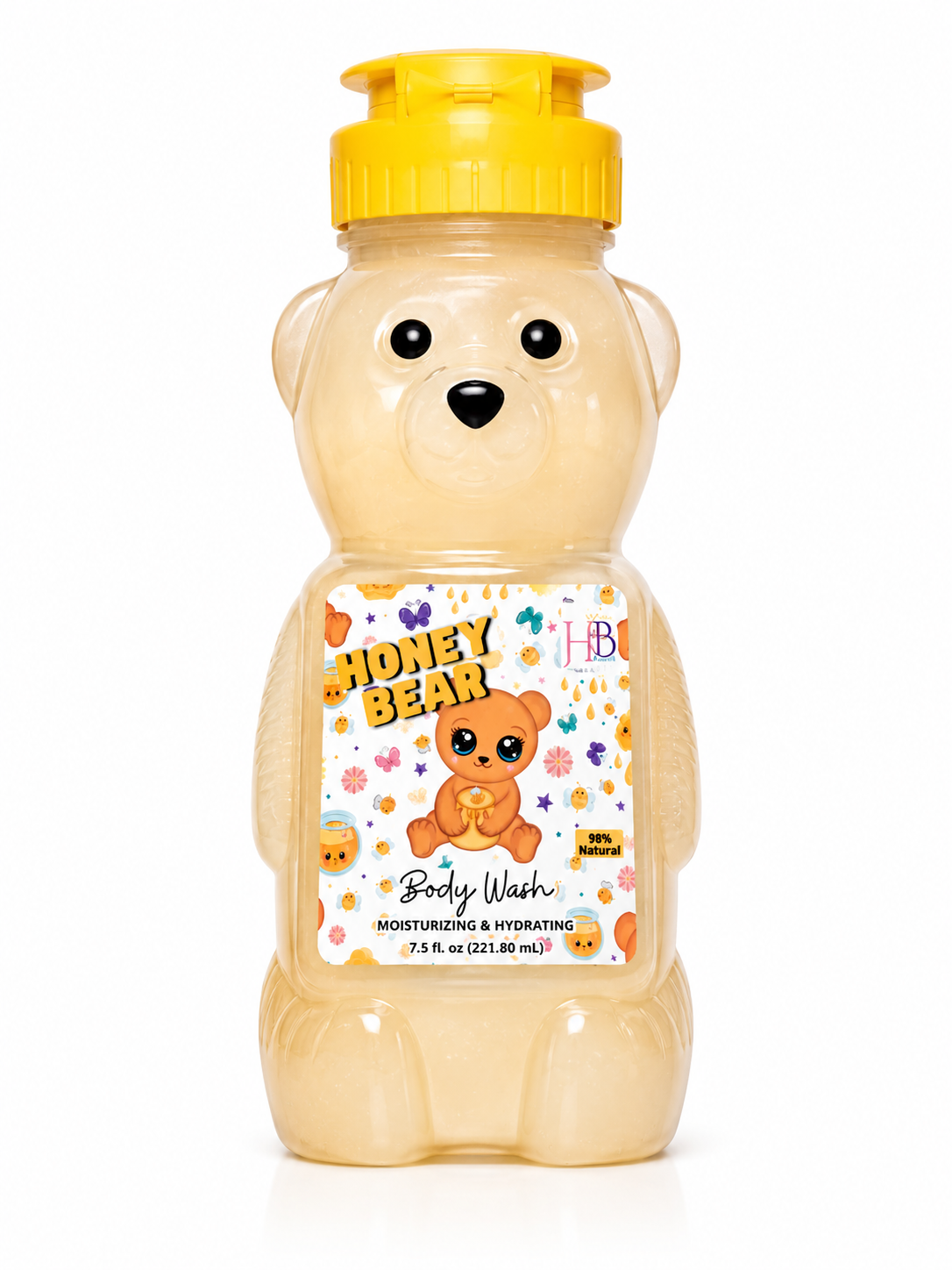 A bear-shaped bottle of honey bear body wash with a yellow cap, filled with a light honey-colored liquid, and featuring a colorful label on a white background.