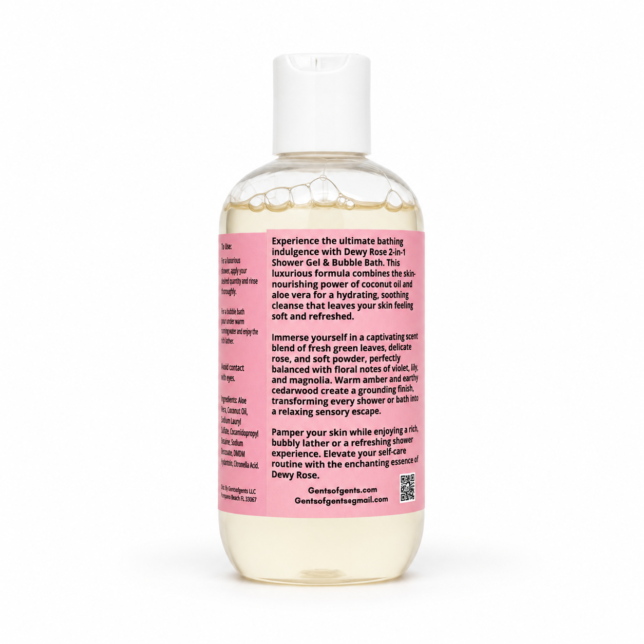A bottle of Love Letter Bath shower gel and bubble bath with a white cap and a pink label, shown on a clean white background.