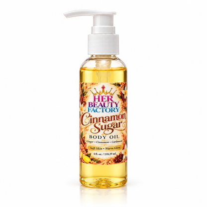 A bottle of Her Beauty Factory Cinnamon Sugar Body Oil with a white pump dispenser, containing golden yellow oil, set against a plain white background.