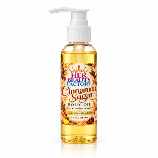 A bottle of Her Beauty Factory Cinnamon Sugar Body Oil with a white pump dispenser, containing golden yellow oil, set against a plain white background.