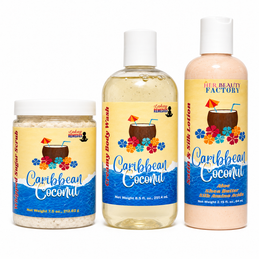 Three coconut-themed body care products from Lakay Remedies on a white background: a jar of Caribbean Coconut sugar scrub, a bottle of Caribbean Coconut body wash, and a bottle of Caribbean Coconut silk amino acid lotion.