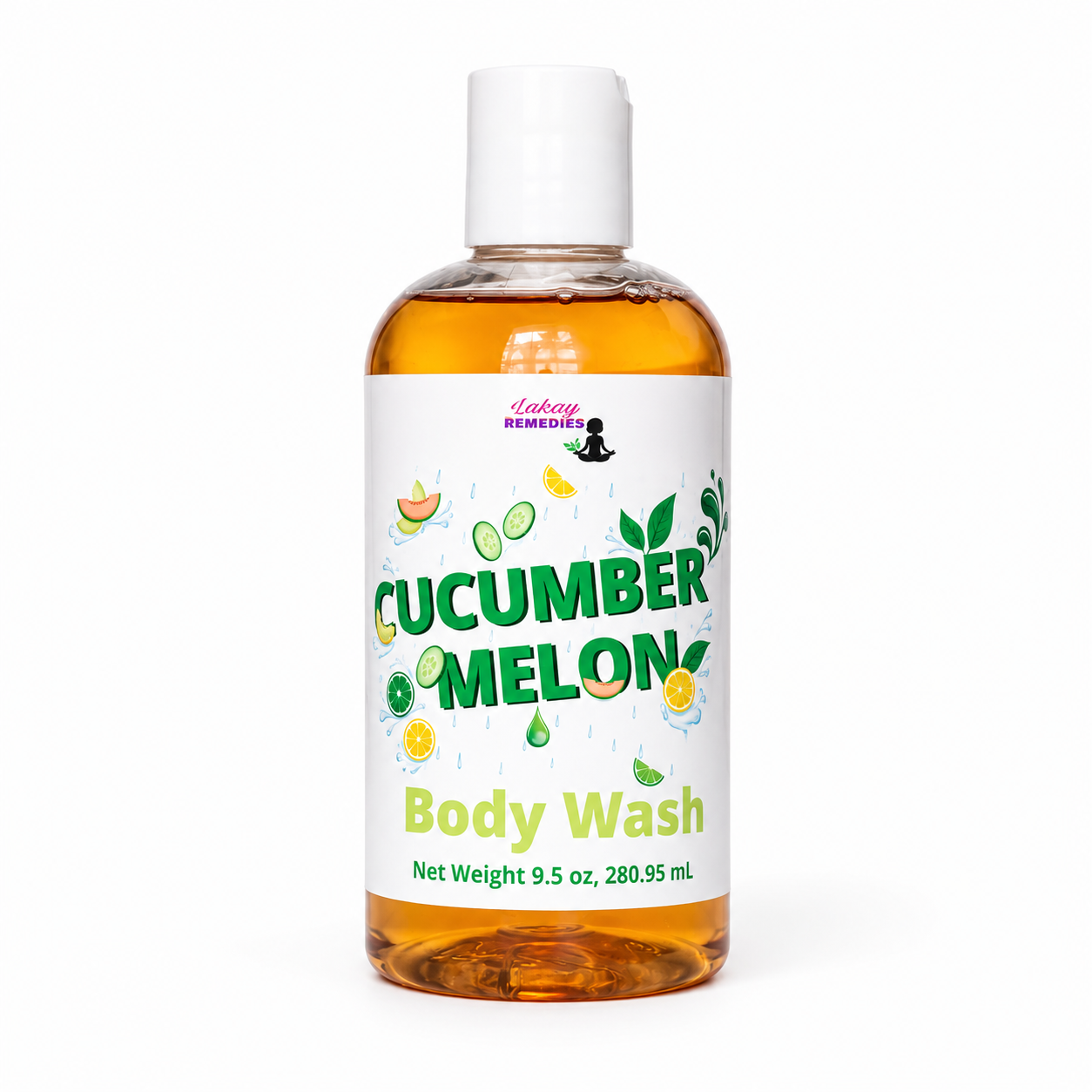 A bottle of Cucumber Melon Body Wash, featuring a white cap and a white label with green and yellow text and illustrations, containing amber-colored liquid, set against a plain white background.