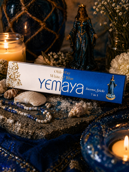 Yemaya incense sticks packaging with candles and figurines on a decorative background