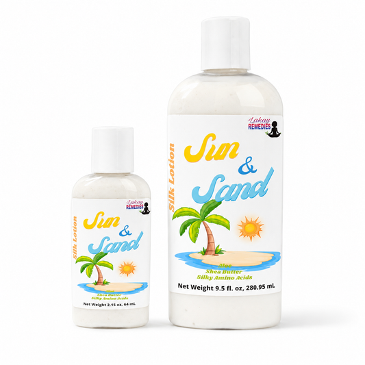 Two bottles of 'Sun & Sand' silk lotion by on a white background, one 10 oz and one 9.5 fl. oz.
