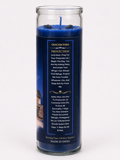 Blue prayer candle with text on a white background