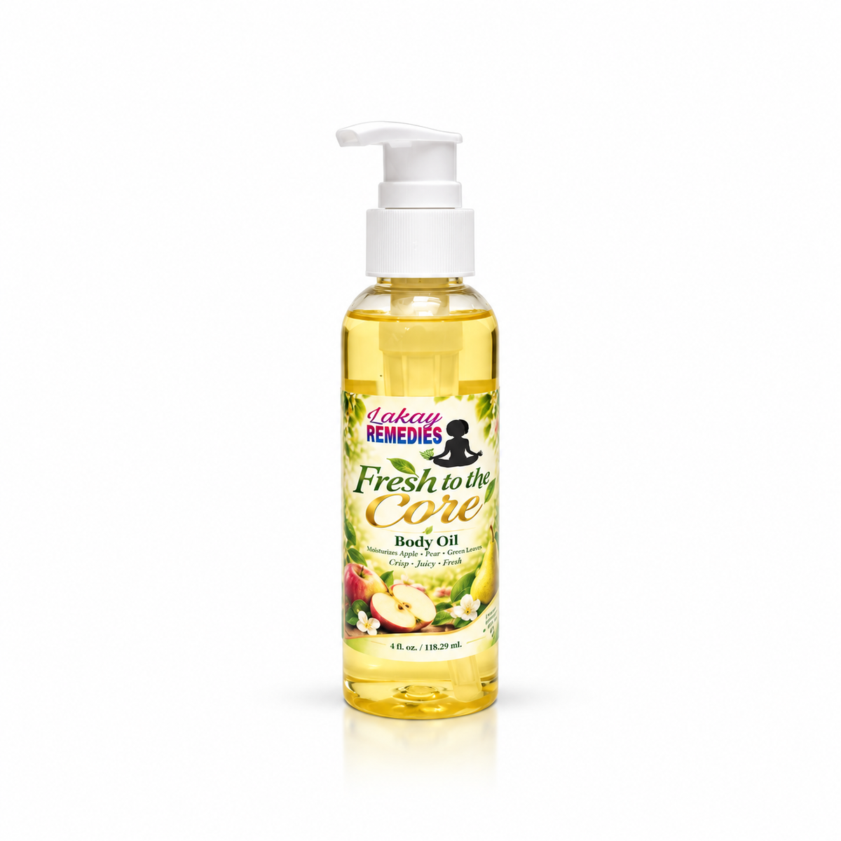 A bottle of Lakay Remedies Fresh to the Core Body Oil with a white pump dispenser, filled with yellow oil, set against a plain white background.