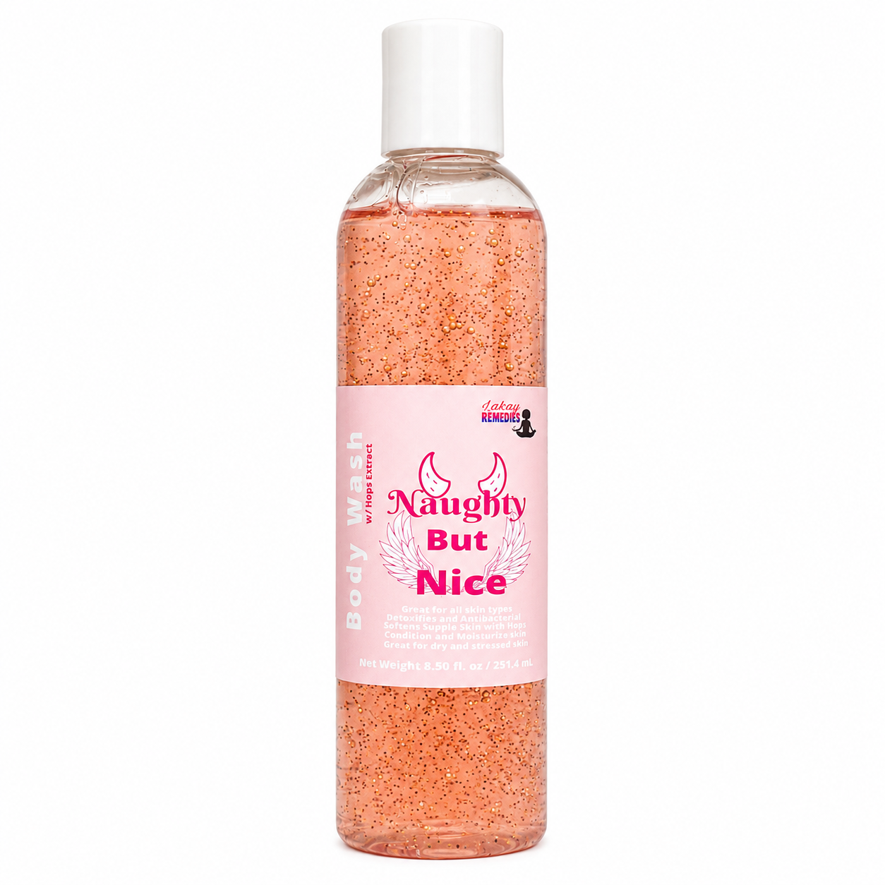 A bottle of Naughty But Nice Body Wash featuring a pink label and white cap, filled with pink glittery liquid, on a white background.