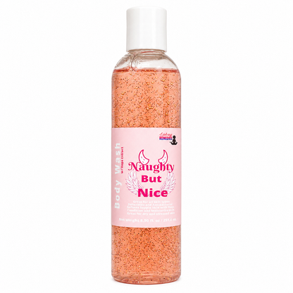 A bottle of Naughty But Nice Body Wash featuring a pink label and white cap, filled with pink glittery liquid, on a white background.