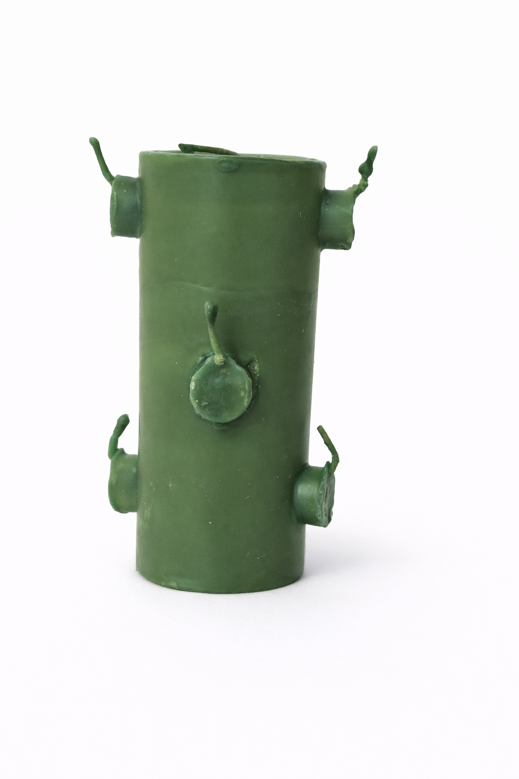 Green metal bird feeder with multiple hooks on a white background