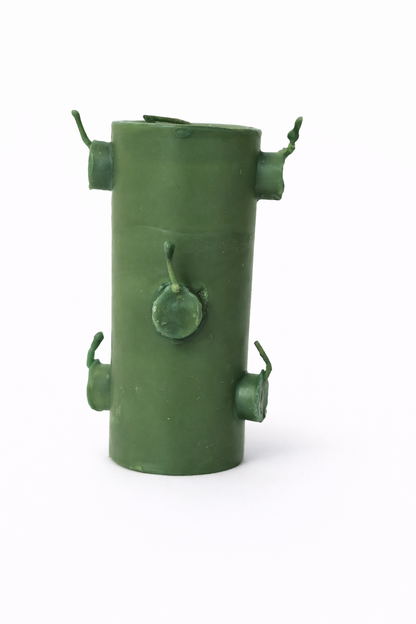Green metal bird feeder with multiple hooks on a white background
