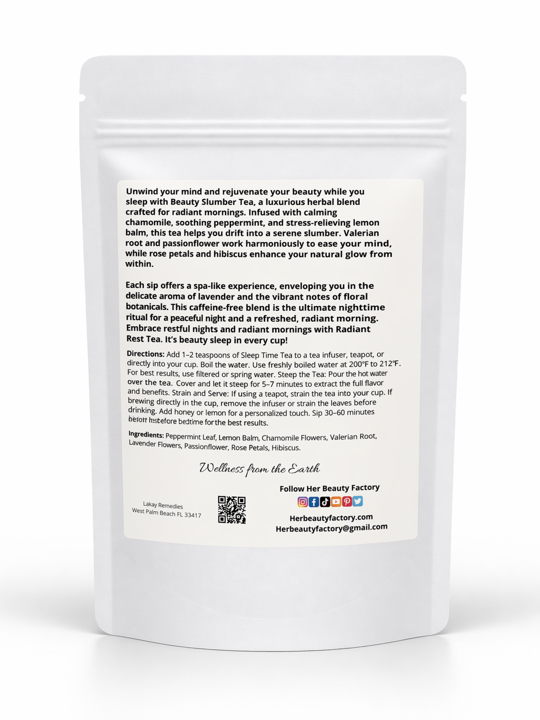 White tea packaging with text on a white background
