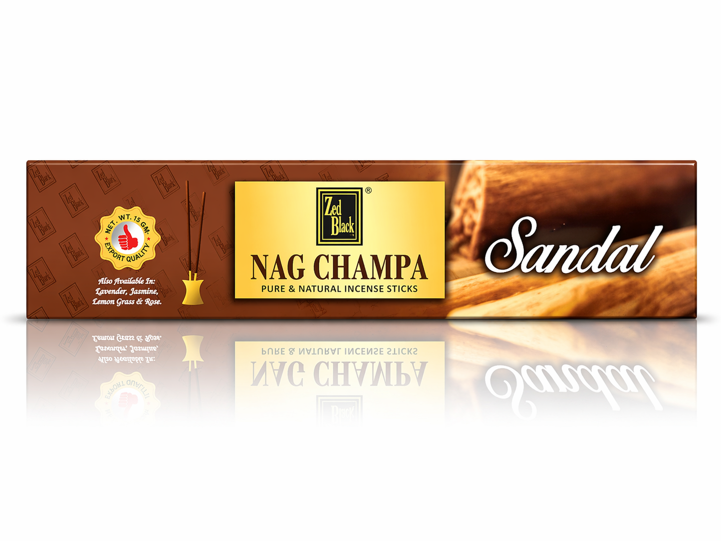 Box of Nag Champa sandalwood incense sticks with a brand logo on a reflective surface.