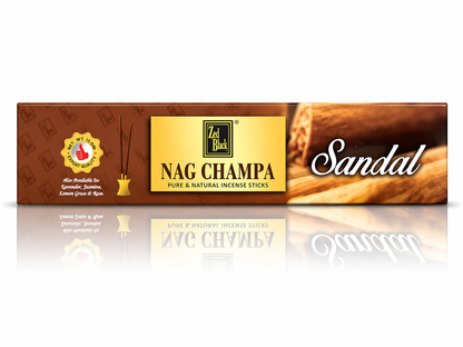 Box of Nag Champa sandalwood incense sticks with a brand logo on a reflective surface.