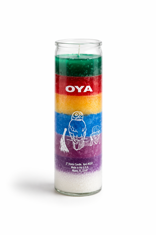 Colorful candle with 'OYA' branding and owl design on a white background