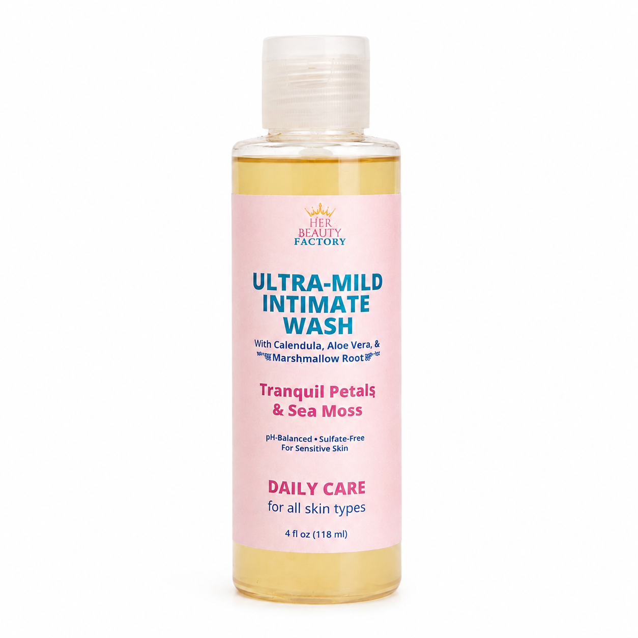 A bottle of Her Beauty Factory Ultra-Mild Intimate Wash, featuring a light pink label with blue and pink text, filled with a pale yellow liquid, set against a plain white background.